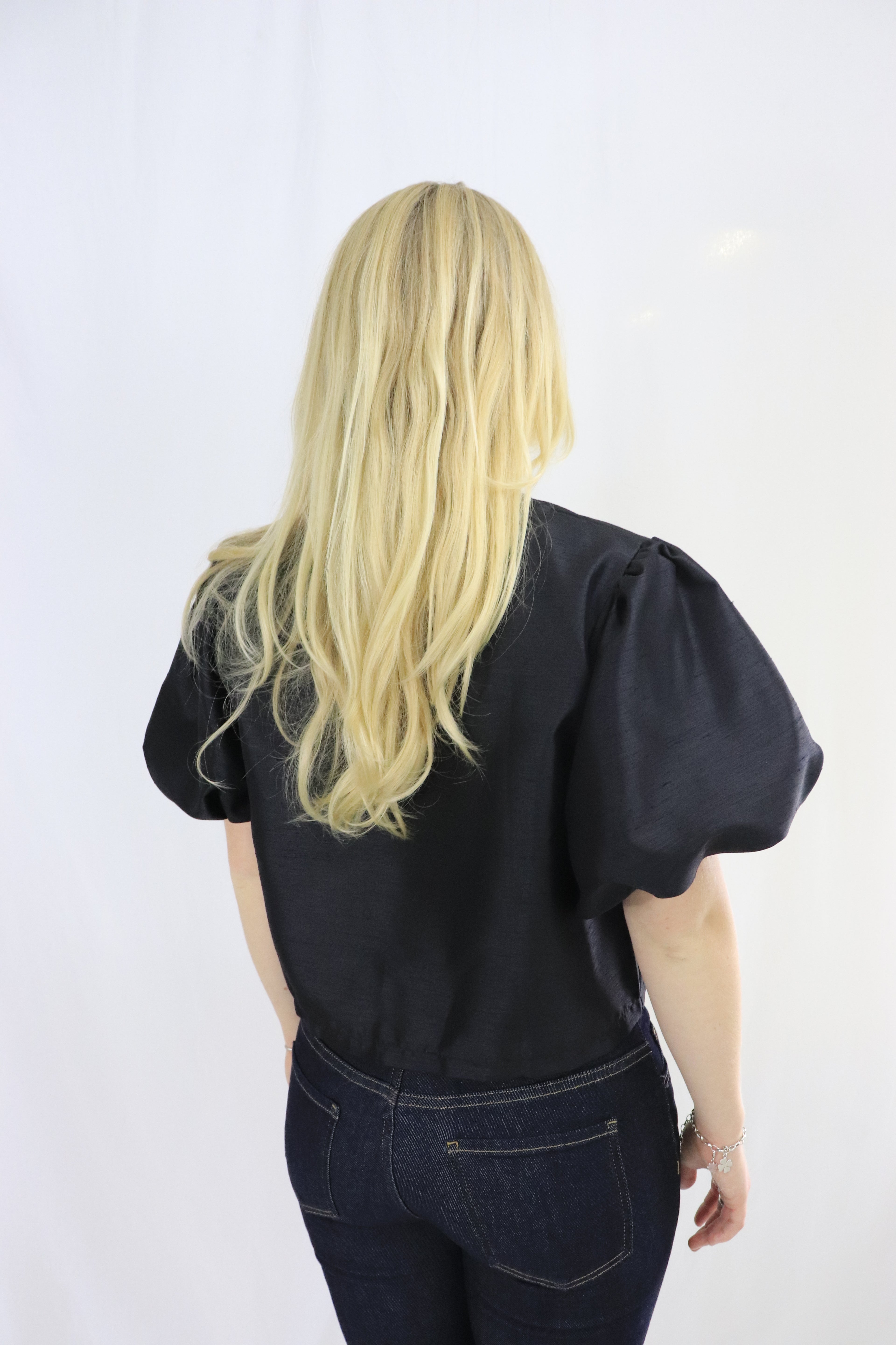 Balloon Sleeve Button Top - Svart