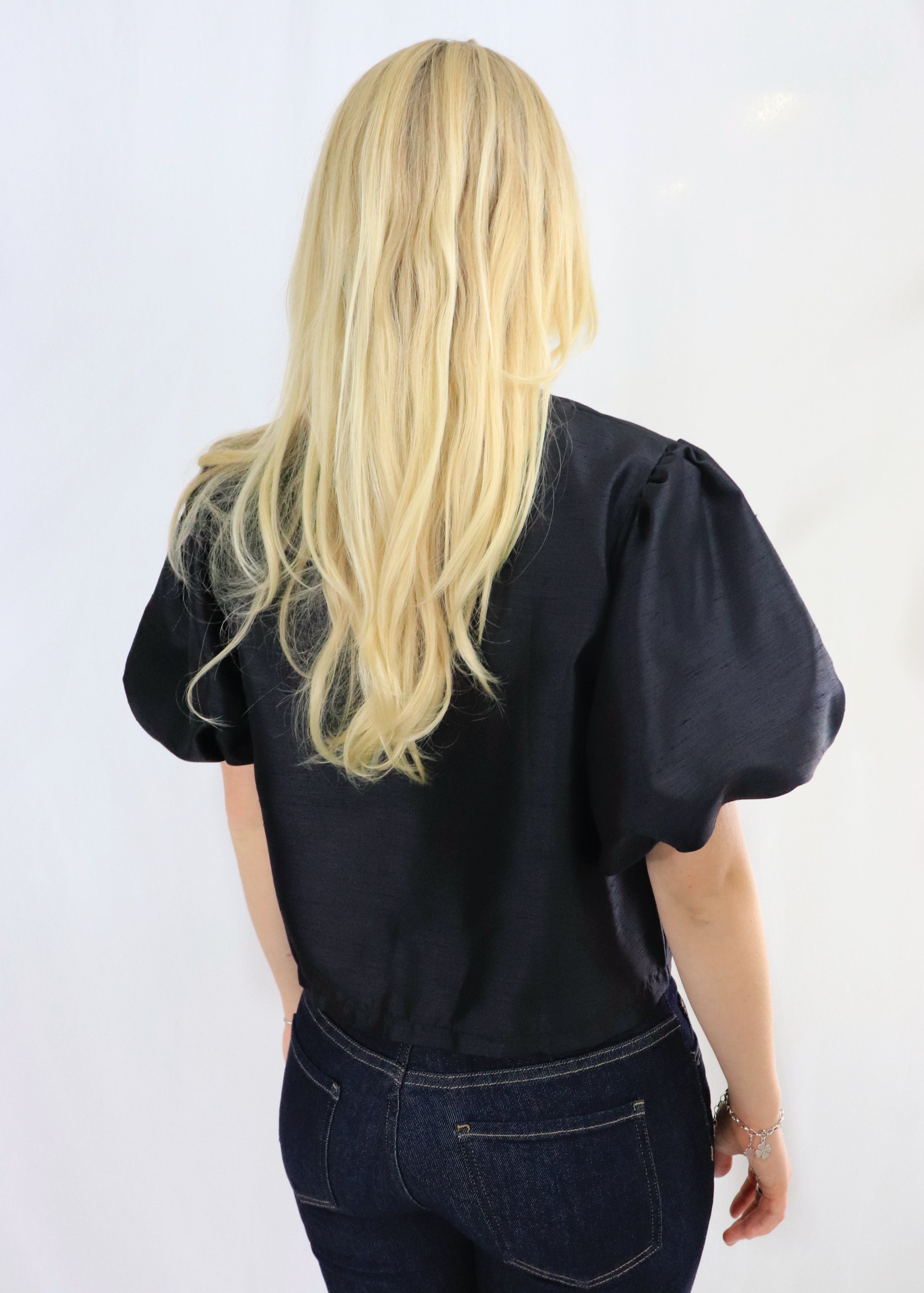 Balloon Sleeve Button Top - Svart