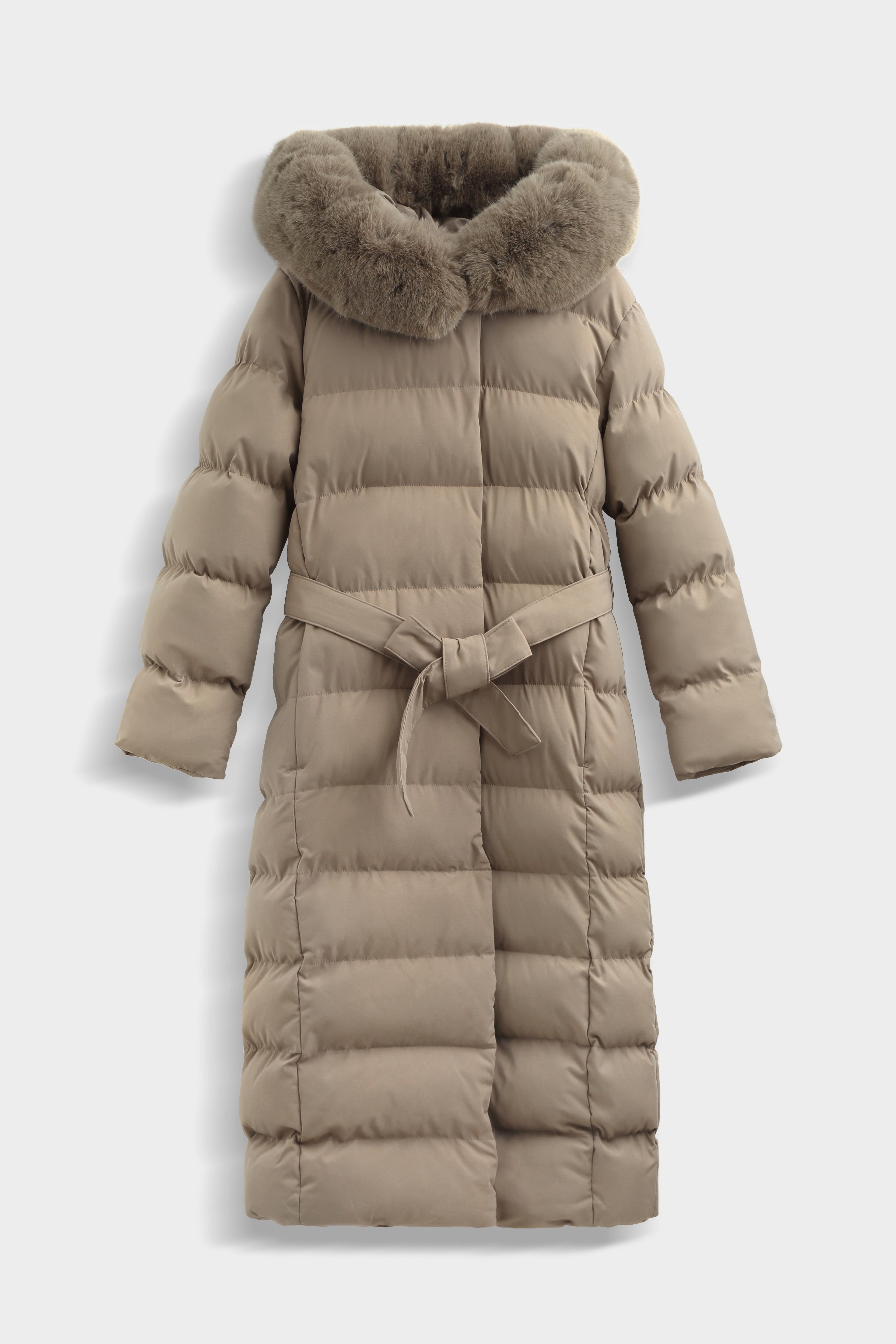 Long belted puffer coat