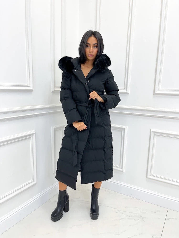 Long belted puffer coat