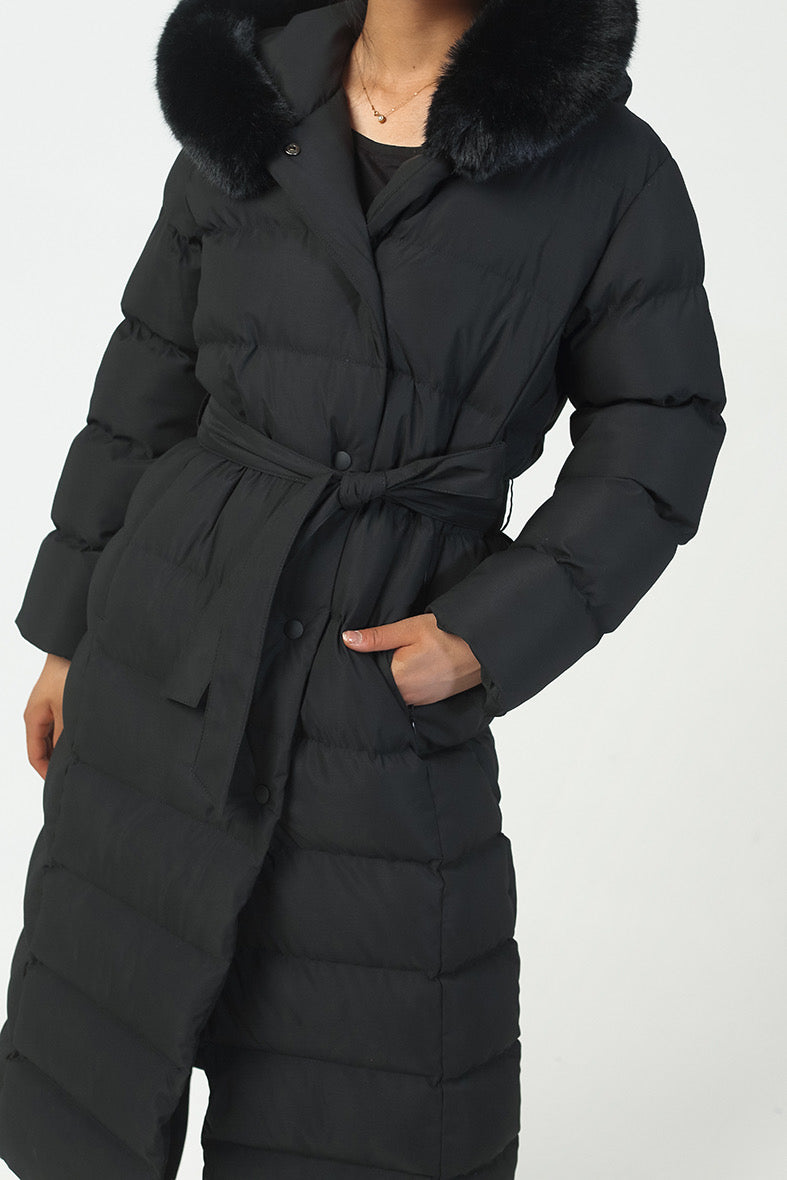 Long belted puffer coat
