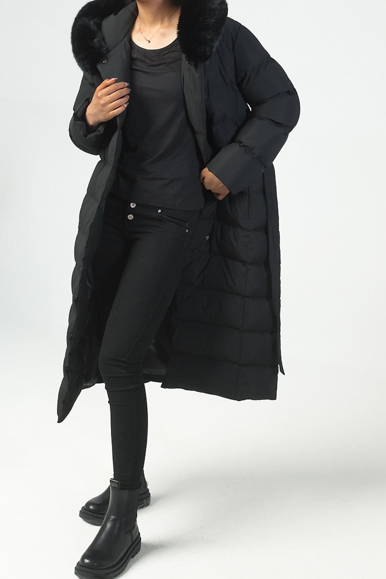 Long belted puffer coat