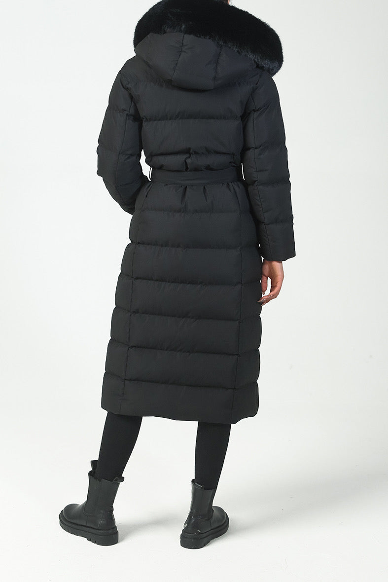 Long belted puffer coat